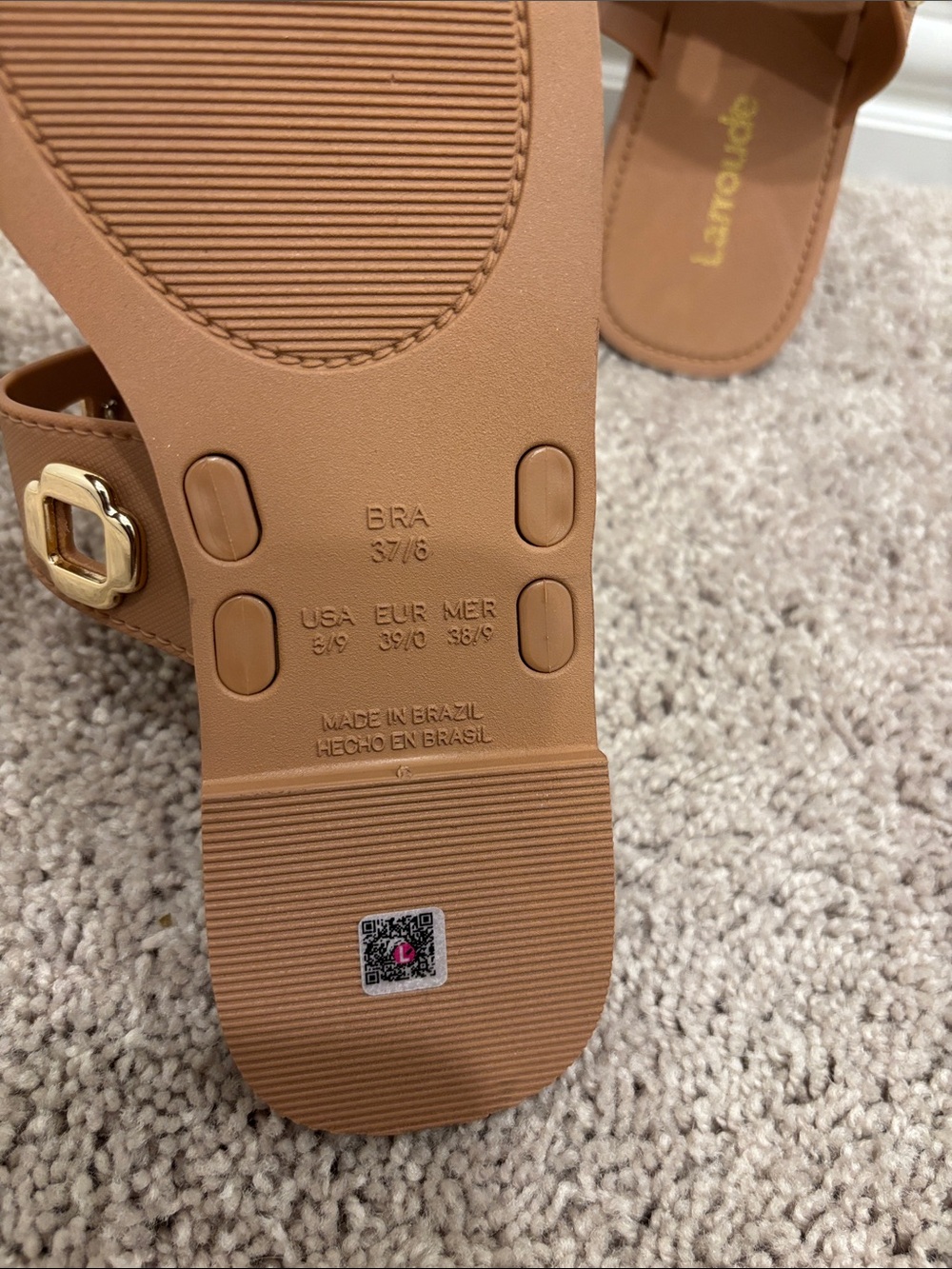 Larroude Tan Slide Sandals with Gold Buckle Detail - Picture 2 of 7